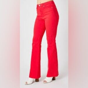 Judy Blue Red Jeans Flared Leg High Waist Dyed Tummy Control Raw Hem 13/31